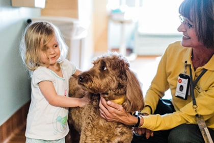Hand in Paw assisted therapy dog with child