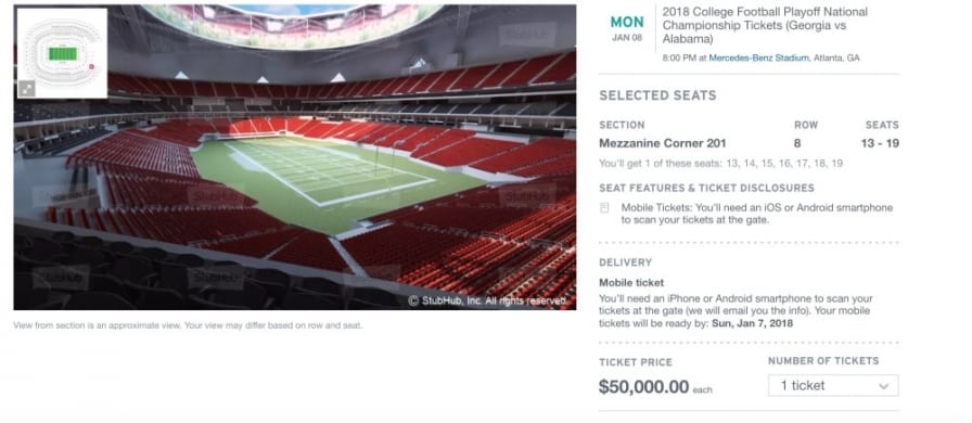 50000 Last minute tickets for National Championship game can still be found if you've got a bucket load of cash
