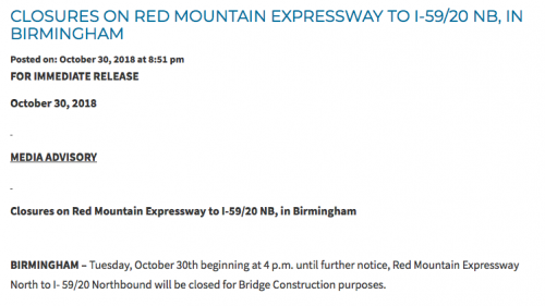 Screen Shot 2018 10 31 at 4.47.13 AM Be prepared. Red Mountain Expressway North to I-59-20 North to close on Halloween
