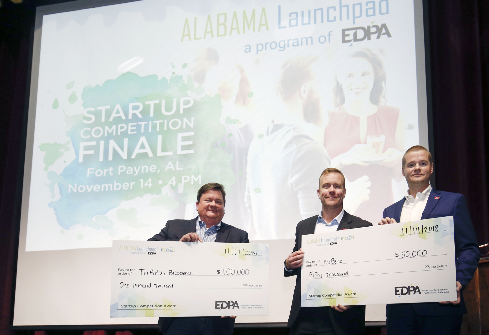 TriAltus Bioscience, AerBetic, Alabama Launchpad Startup Competition winners. Photo via EDPA
