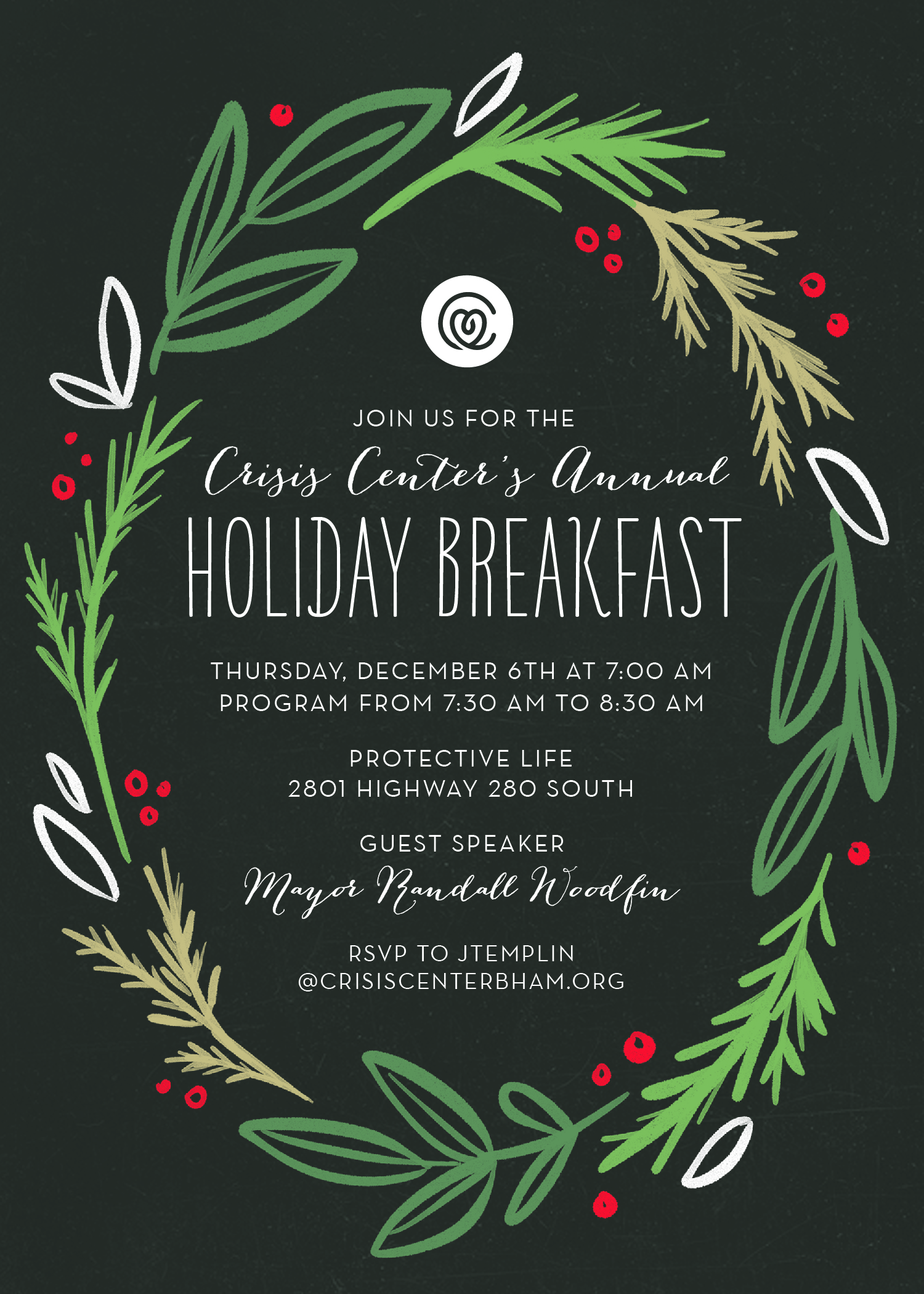 Breakfast Invitation Join Mayor Woodfin Dec. 6th at The Crisis Center's holiday breakfast