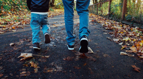 Father, son, walking, fall, autumn, leaves