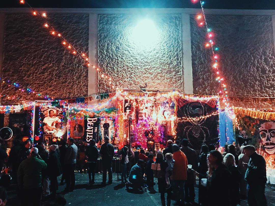 Photo of Dia de los Muertos nighttime celebration at Pepper Place in Birmingham, Alabama, in 2018.