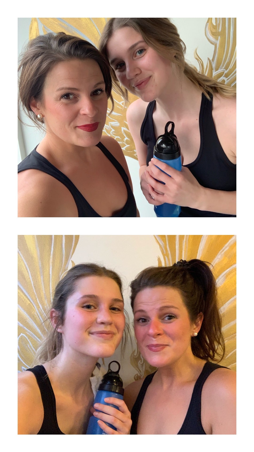 Our before and after shots from our first class. We left looking a mess but in a MUCH better mood! 