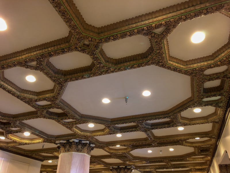 Restored ceiling decoration in the lobby of TJ Tower. Photo by Jon Eastwood for Bham Now.
