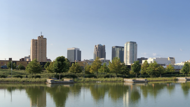 A view of TJ Tower (left) from Railroad Park. Photo by Jon Eastwood for Bham Now.