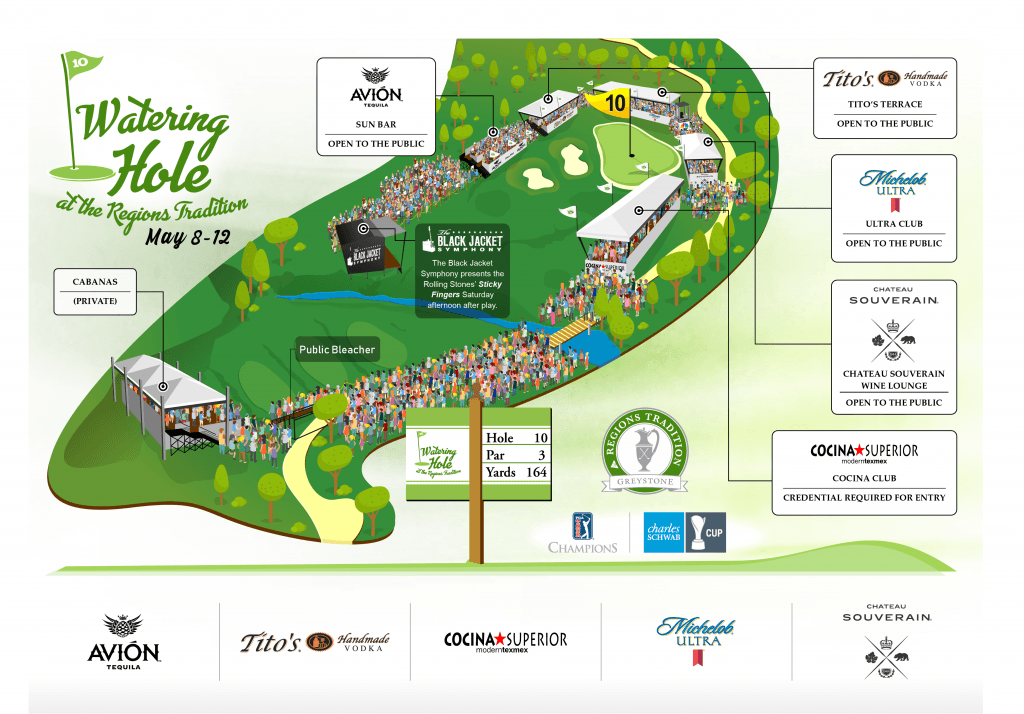 The 2019 layout of the Watering Hole at the Regions Tradition at Greystone Golf and Country Club. ﻿