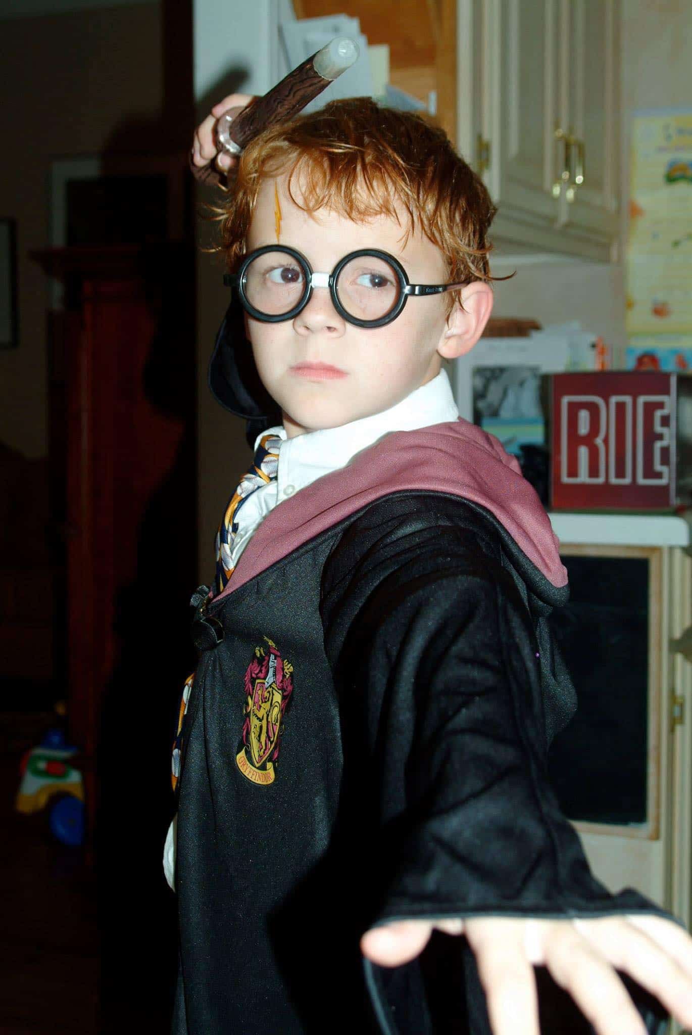 A young Walker Burroughs in full on Harry Potter costume. American Idol judge and pop superstar often references Burroughs as Harry Potter on the show.