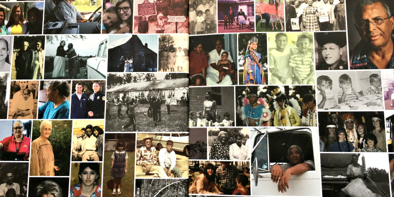 A snapshot of the inside cover of "Woven Together: the story of the Poarch Band of Creek Indians" by Fergus Media. 