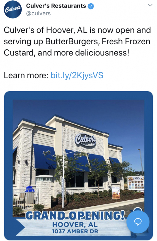 Culvers Twitter Here’s your update on Stadium Trace Village in Hoover. Culver’s Restaurant opens. Big Whiskey and others coming soon