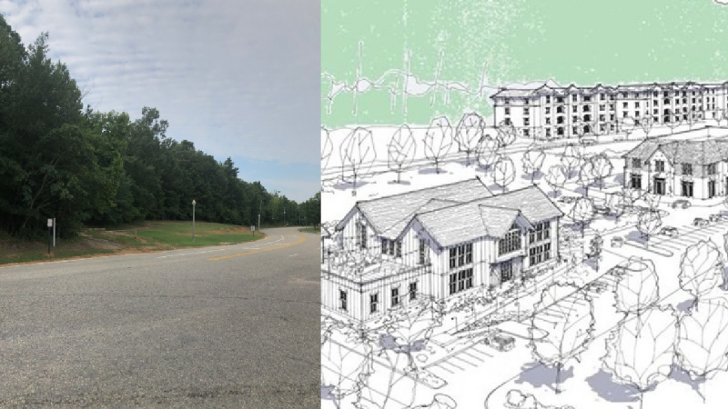 Amphitheater Road in Pelham next to concept drawing of The Canopy at Oak Mountain mixed-use development