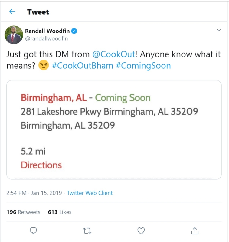 Countdown to Cook Out: 5 reasons to get excited about Birmingham's latest eatery 6 Tweet from Mayor Woodfin