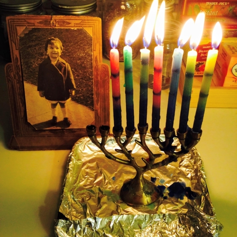 Menorah and picture of Sharron's Dad when he was little