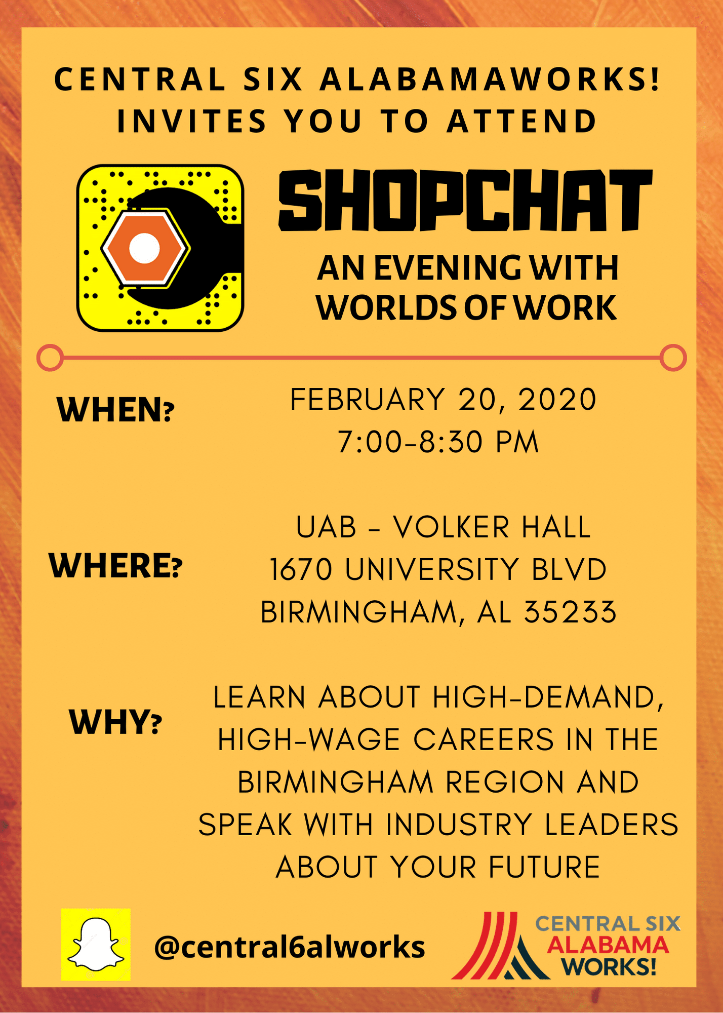 Shopchat an evening with worlds of work Parent alert! Bring your 8-12 graders to learn about high-wage, high-demand careers in Birmingham.