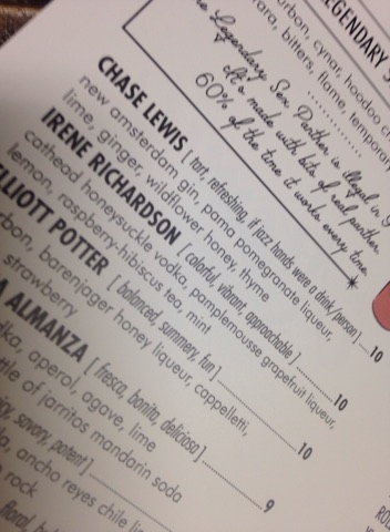 Atomic Lounge cocktail list