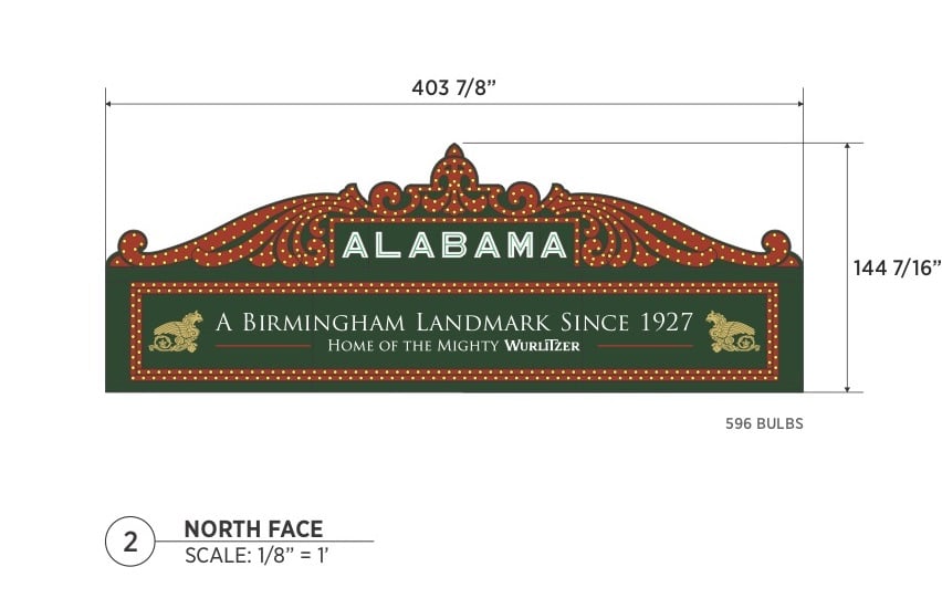 North face of the new marquee at The Alabama Theatre