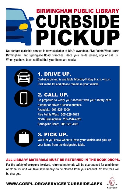 Reopening update: Vulcan Park and Museum, Topgolf, Birmingham Botanical Gardens and more are back 8 BPL Curbside Pickup Flyer Reopening update: Vulcan Park and Museum, Topgolf, Birmingham Botanical Gardens and more are back