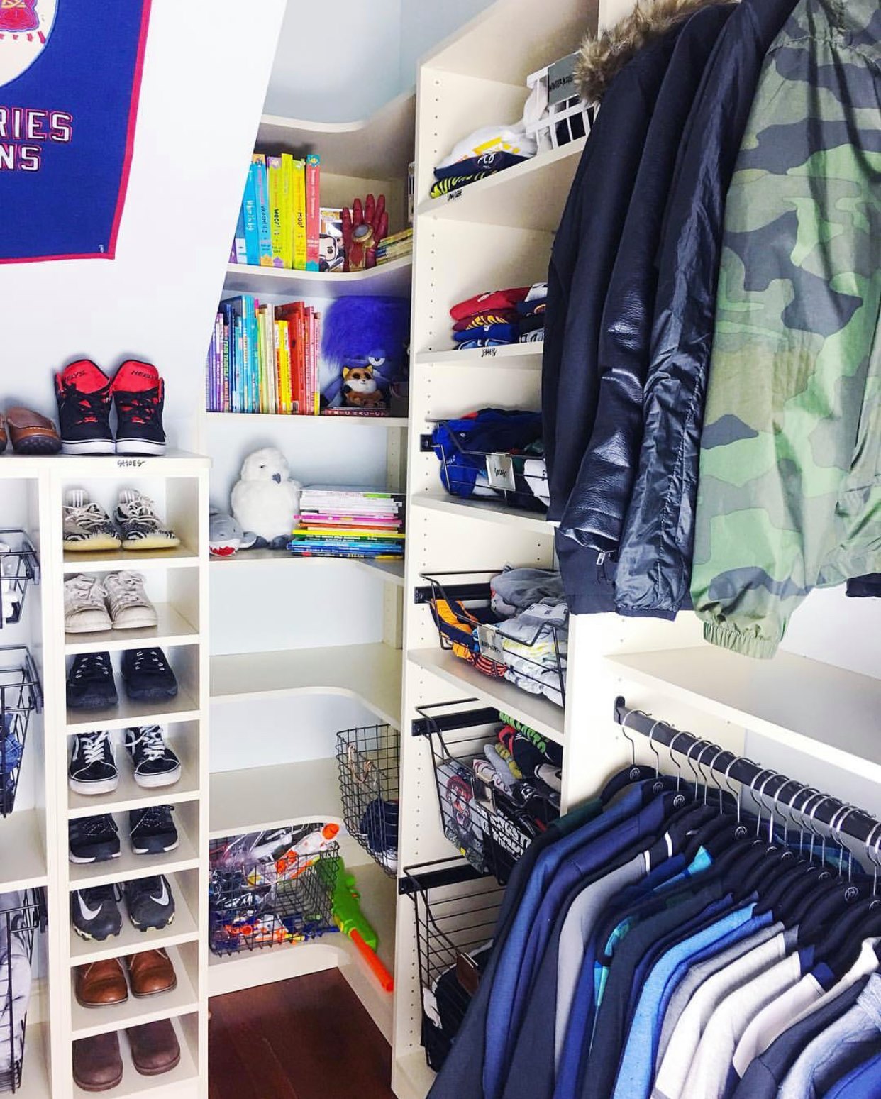 organized teen closet with toys, books, shoes and clothes