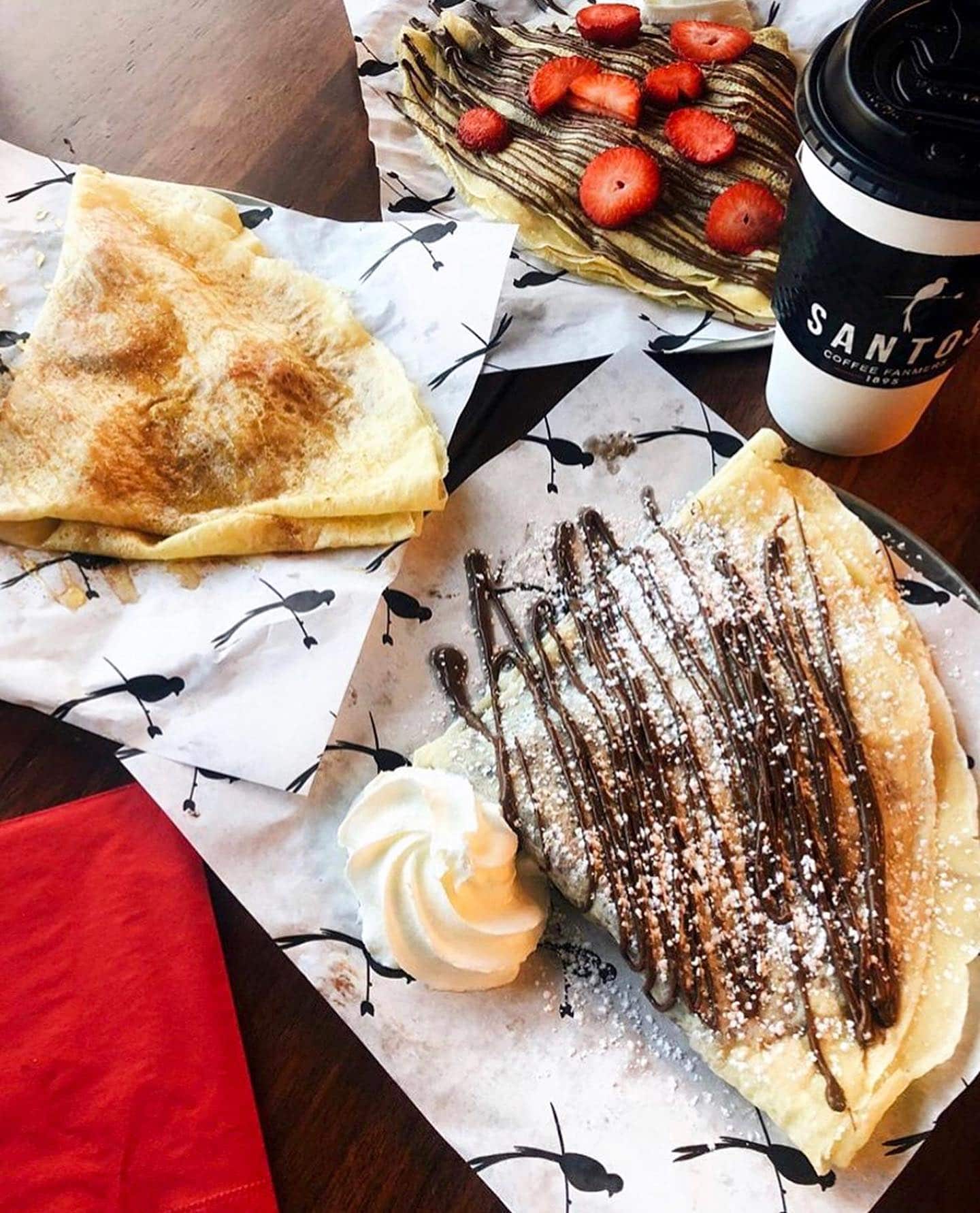 Sweet crepes with chocolate drizzle from Santos Coffee