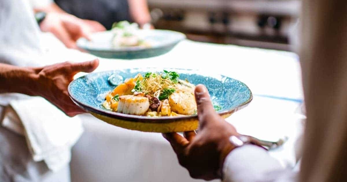 chefs passing plate of food