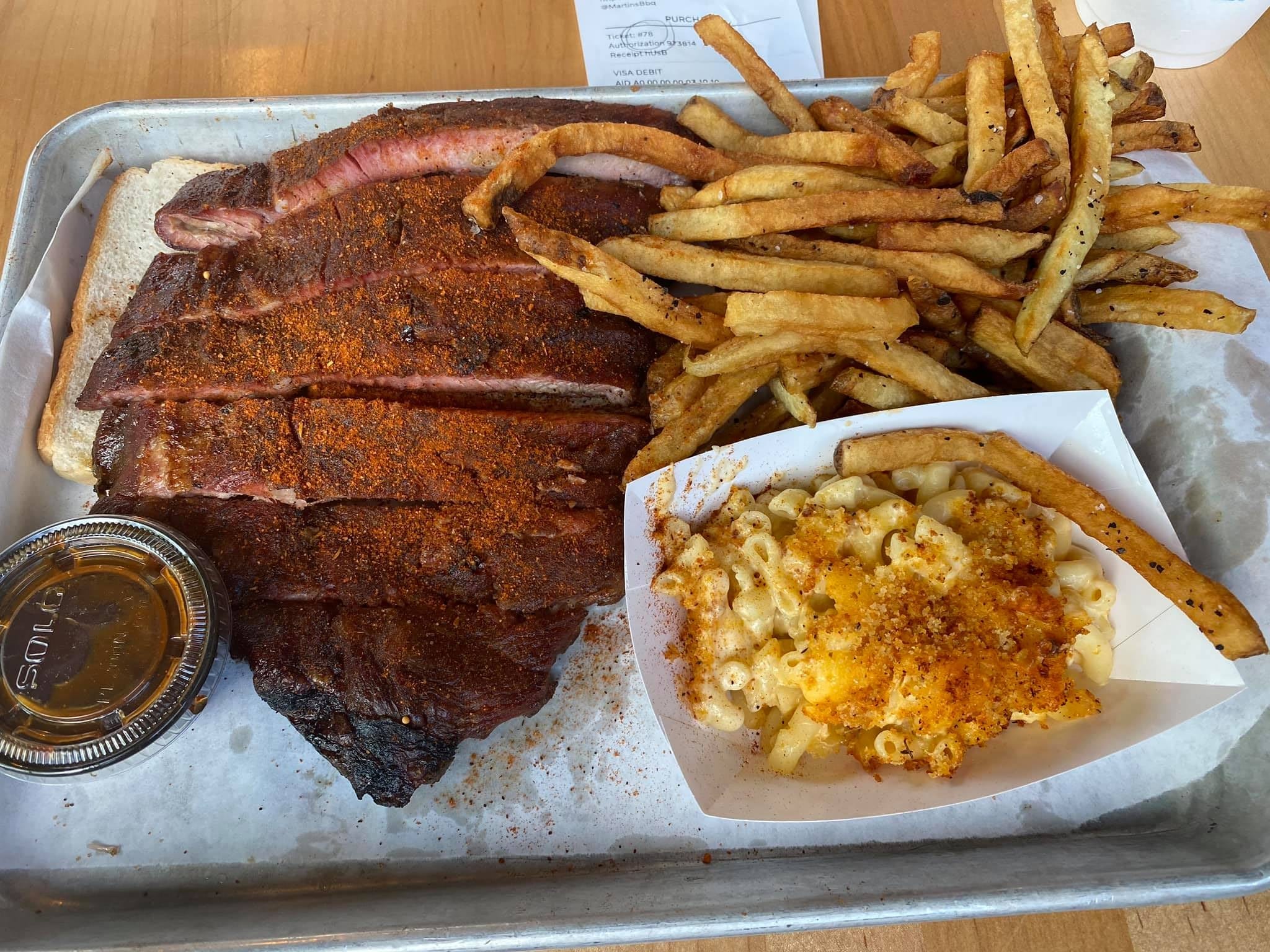 An order of ribs, french fries and mac n cheese from Martin's BBQ