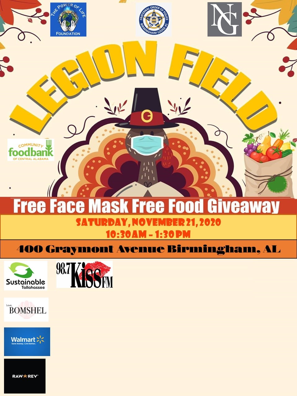 bhamfop flyer Thanksgiving Drive Thru Free Mask & Free Food Giveaway