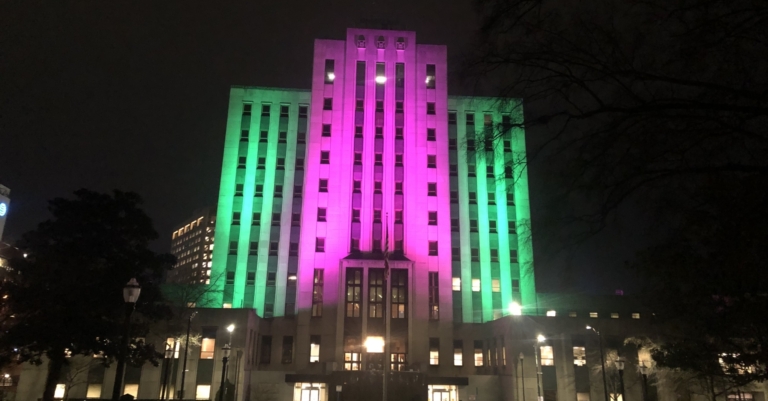Birmingham’s City Hall shone green and pink in honor of VP Harris and AKA sorority