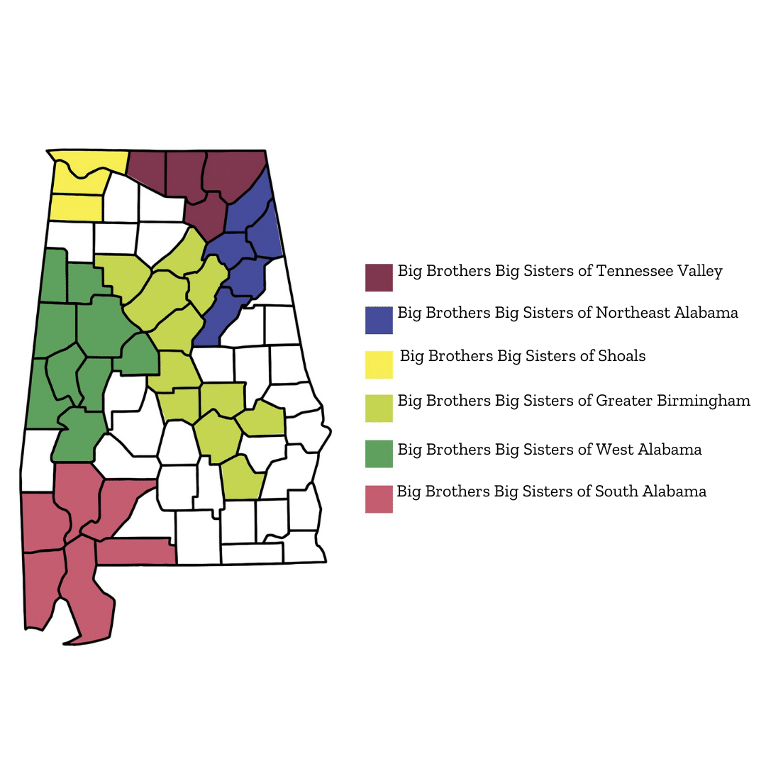 Make a BIG impact in 2021—volunteer for Big Brothers Big Sisters of Alabama 2 BBBS map