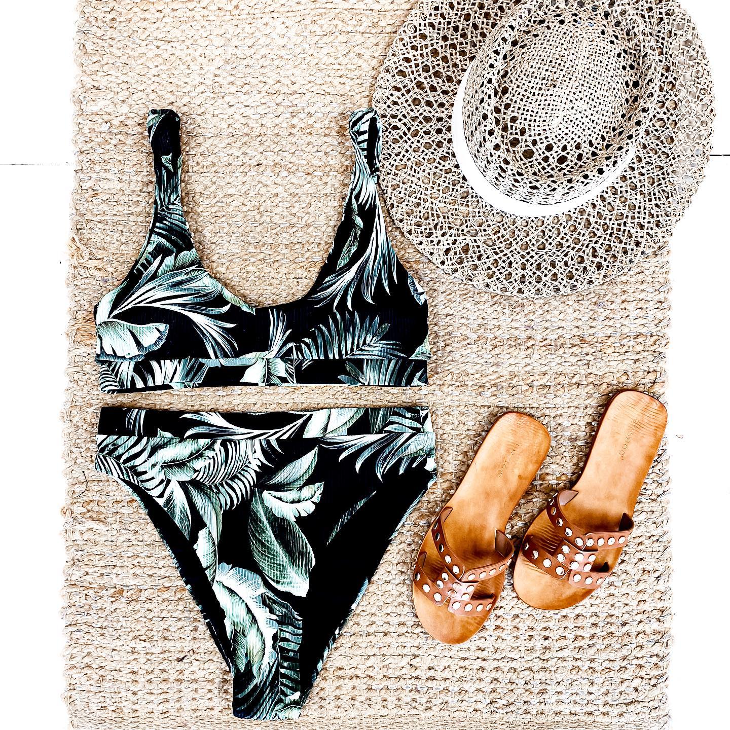 Palm print swimsuit and sandals from Moda Boutique