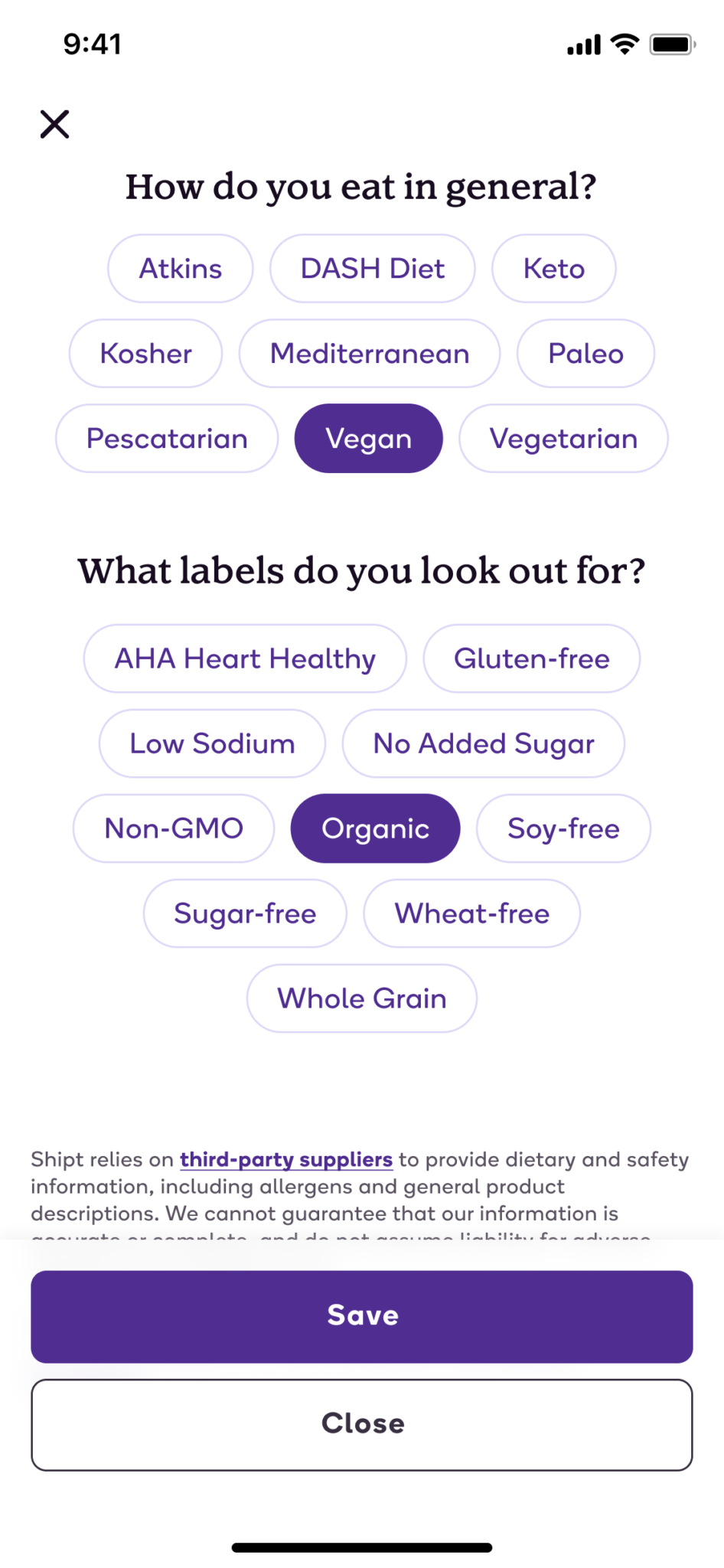 Screenshot of phone screen showing Shipt dietary preferences menu 