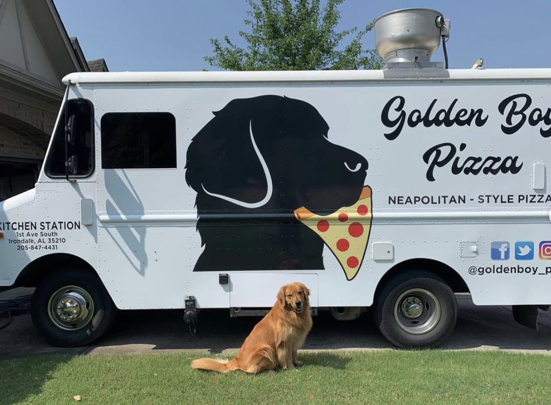 Golden Boy Pizza's truck, with the golden boy himself. 