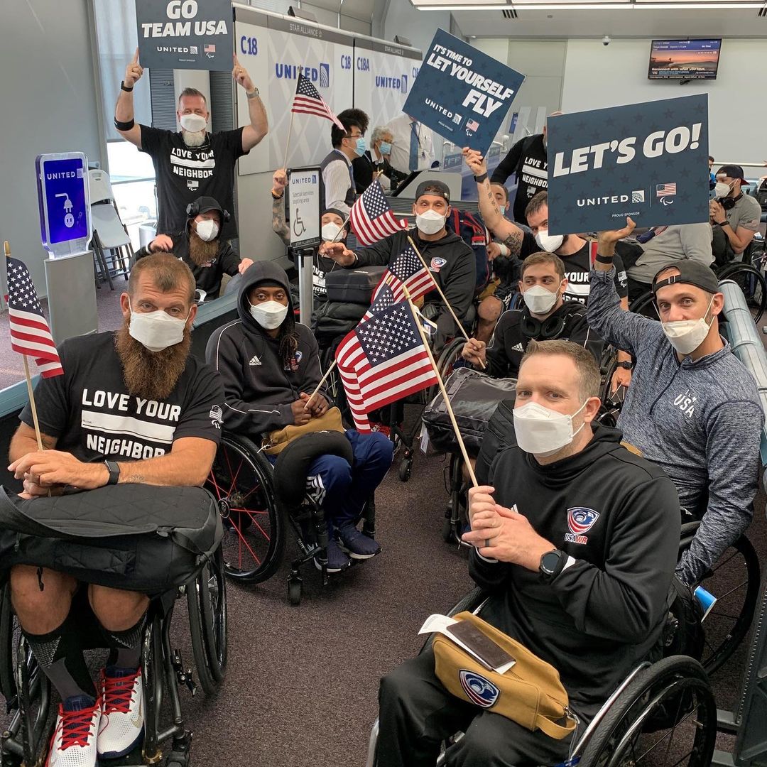 The USA Wheelchair Rugby team getting ready to board.