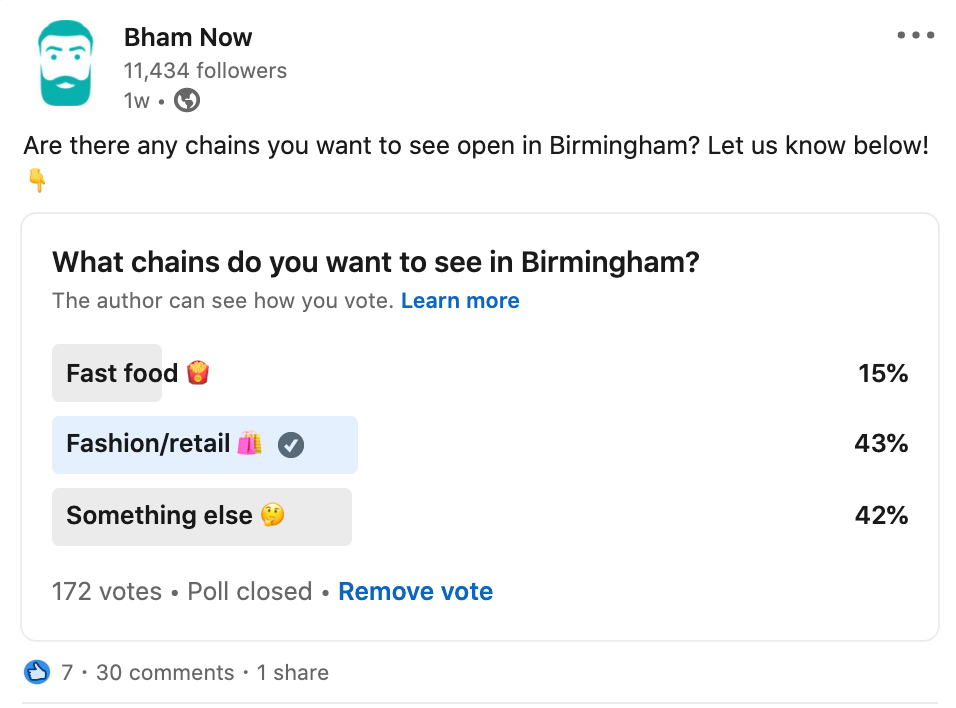 National chains in Birmingham - Bham Now LinkedIn poll