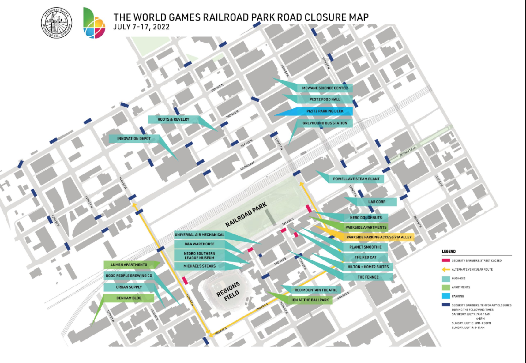 Railroad Closures Traffic Update: New The World Games 2022 road closures near Railroad Park & more [MAPS]